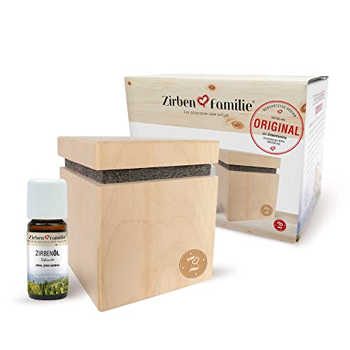 Zirben Familie® das Original ZirbenWürfel PREMIUM Edition | Natürlicher Aroma Diffuser aus Zirbe | Duftwürfel mit ZirbenÖl 10ml | Flasche von unten einschraubbar | einzigartiger Zirbenduft von Zirben Familie