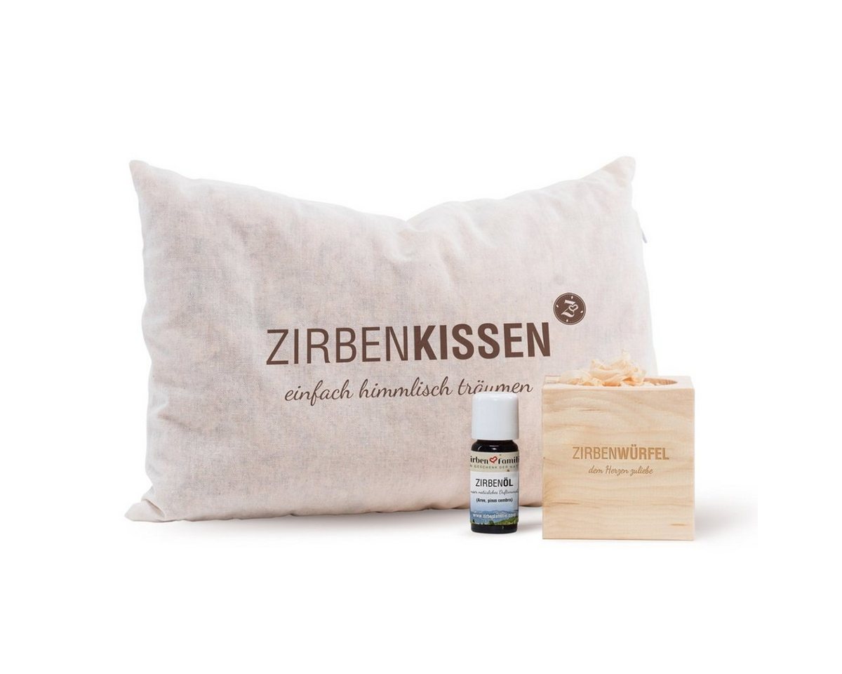 Zirbenfamilie Kopfkissen Gute Nacht Set, Füllung: Zirbenflocken, Bezug: Baumwolle, Kombipack mit Zirbenwürfel, Zirbenflocken und Zirbenöl Zirbenfamilie Kopfkissen Gute Nacht Set, Füllung: Zirbenflocken, Bezug: Baumwolle, Kombipack mit Zirbenwürfel, Zirbenflocken und Zirbenöl von Zirbenfamilie