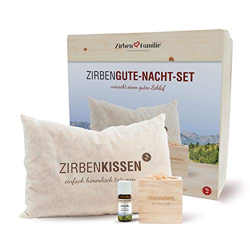 ZirbenFamilie Gute Nacht Set • natürlicher ZirbenWürfel • 30x20 cm ZirbenKissen mit ZirbenFlocken • 10ml ZirbenÖl für einzigartigen Zirbenduft • ZirbenFamilie - bekannt aus dem Fachhandel & der Hotellerie von Zirben Familie