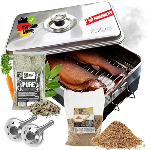 Zite Fishing Räucherofen Edelstahl Set mit Zubehör [Tischräucherofen mit Thermometer inkl. Buchen-Räuchermehl & Räucherlake] Fisch Räucherofen - Forellen, Fleisch, Tofu & Mehr einfachst Räuchern von Zite