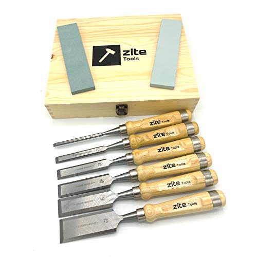 Zite Tools hochwertiges Meißel-Set für Holzarbeiten - 6 Meißel & 2 Schleifsteine - verschiedene Größen - inkl. schicker Aufbewahrungsbox von Zite