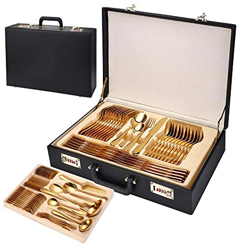 Zixin Besteck Messersets Besteck 72 Stück Golden, Geschirr Set, Gabel, Löffel Messer Besteck Abendessen, Geschirr Set Box for 12 (Color : Golden, Size : 72 Piece for 12 People) von Zixin