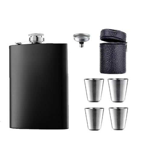 Zixrmor 1X Flachmann und Trichter, 4 kleine Tassen,8oz.227 ml Geeignet Zum Tragen von Alkohol, Aus Edelstahl Flachmann (alle schwarz) von Zixrmor