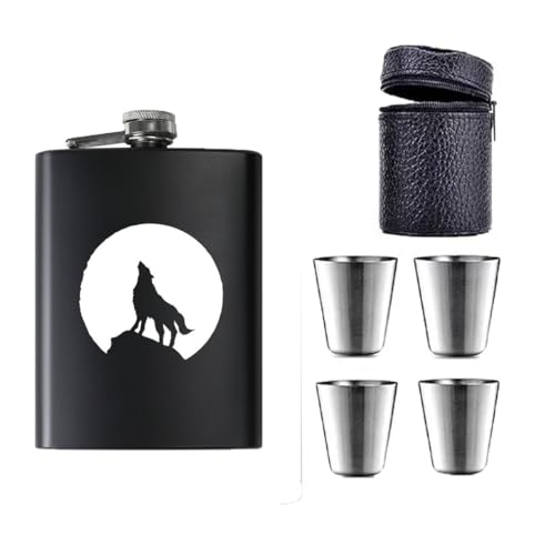 Zixrmor 1X304 Flachmann und Trichter,4 kleine Tassen,8oz.227 ml Flachmann Mit Gravur, Geeignet Zum Edelstahl Flachmann Tragen von Alkohol Exquisite Muster Flask (Schwarz)(Wolf pattern) von Zixrmor