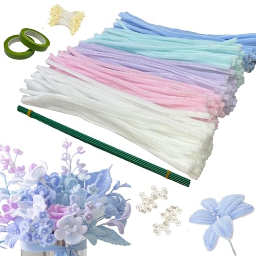 Zixrmor 400 StückPfeifenreiniger zum Basteln - Premium Bastelset für Pfeifenreiniger Blumen in 5 Farben DIY BlumensträußePfeifenputzer Zum Basteln Kreativprojekte (Blauviolette Serie) von Zixrmor