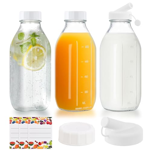 Ziyonix 1 Liter Glasflaschen mit Deckel, 3 Wiederverwendbare Glas-Milchflaschen mit Schraubverschluss 2 Ausgießer Saftflaschen zum Befüllen für Saft Wasser Milch Eistee von Ziyonix