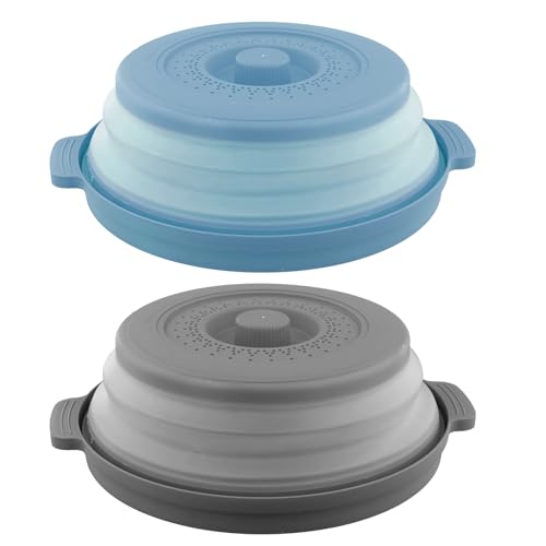Ziyonix 2 Stück Faltbare Mikrowellen Abdeckung Mikrowellendeckel Spritzschutz Mikrowellenhaube Mikrowellen Abdeckung Filterkorb mit Dampflöchern für Obst und Gemüse, 27 cm (Grau + Blau von Ziyonix