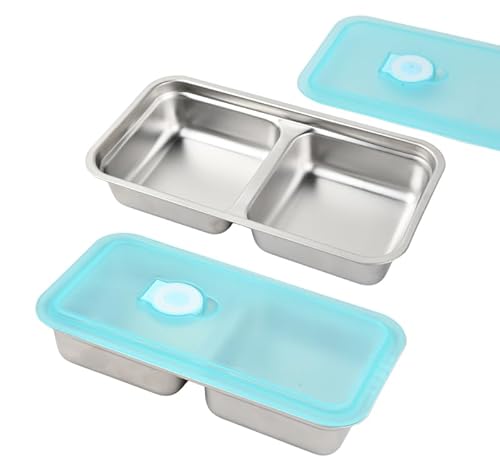 Ziyonix 2 Stück Snackbehälter aus Edelstahl mit Deckel, Wiederverwendbare Edelstahlbehälter mit Zwei Fächern für Schule Arbeit, Leckdichte Lunch-Behälter für Kinder und Erwachsene von Ziyonix