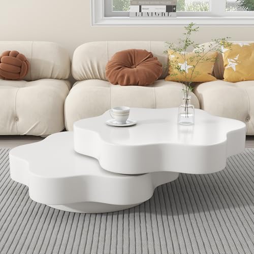 Zjjseloru Drehbarer Blumenform-Couchtisch (74.8 * 67.5 * 31cm) - Stilvoller Wohnzimmertisch aus MDF in Weiß mit 2 Ablageflächen, perfekt für jedes Wohnzimmer! von Zjjseloru
