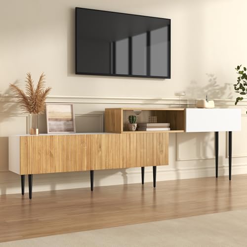 Zjjseloru Moderner TV-Schrank Verstellbare Länge, 2-teiliges modulares Design in Holzoptik + Weiß matt, mit stabilen schwarzen Metallbeinen – Perfekte Multifunktionslösung für Ihr Wohnzimmer! von Zjjseloru