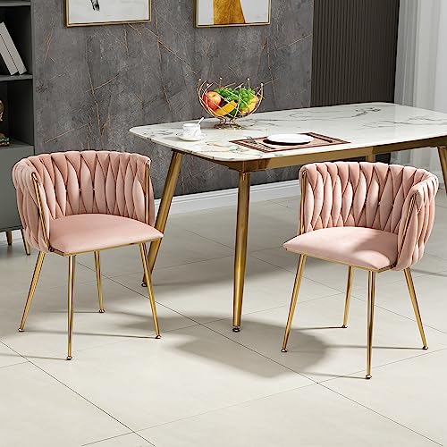 Zjjseloru Modernes rosa Samt-Esszimmerstuhl-Set mit eleganten goldenen Metallbeinen und handgewebtem Design – Bequeme Kissen für Esszimmer, Wohnzimmer und Schlafzimmer (2er-Set) von Zjjseloru
