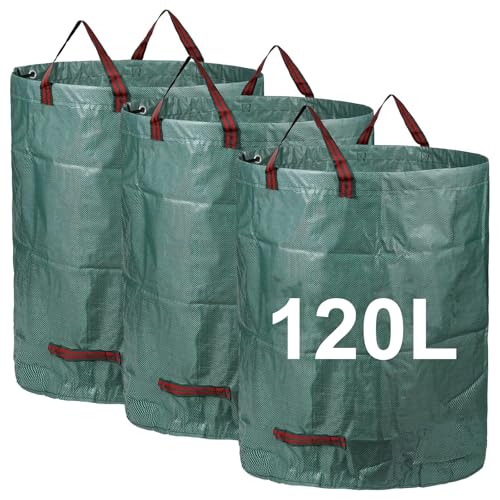 Zjyufy 3pcs 120 L Gartenabfallsäcke Wiederverwendbare Laubsack Heavy Duty mit Griffen Faltbar Robust und Wasserdicht Langlebige Selbststehende Abfallsack für Laub Müll Schutt Abfall Gras von Zjyufy
