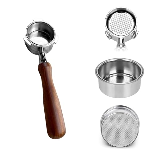 Zjyufy Bodenloser Siebträger 51MM 3 Ears mit Espresso Puck Screen - Kompatibel DeLonghi Dedica EC680/EC685/EC885, Siebträger 51mm mit Walnuss Holzgriff, Doppel Auslauf, Silber und Holz von Zjyufy