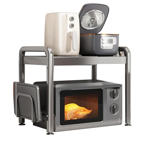 Zjyufy Erweiterbares Mikrowellen Regal mit 6 Haken, Ausziehbare Halterung für Mikrowelle, 2 Stufiges Mikrowellenständer Standregal Mikrowellenhalter Regal Organizer mit für Küchenarbeitsplatten von Zjyufy