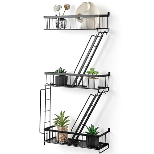 Zjyufy Fire Escape Wandregal mit Körben, 3-stöckiges Metall-Feuerfluchtleiter-Regal, Wand-Organizer, von New York inspiriertes dekoratives Regal, schwarze schwebende Actionfigur-Ausstellungsregale für von Zjyufy
