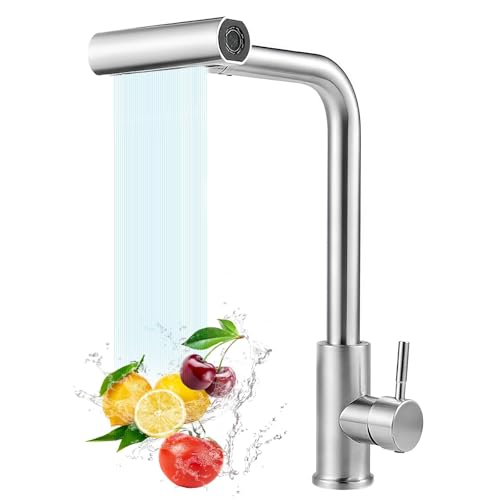 Zjyufy Küchenarmatur mit ausziehbarem Sprüher, Wasserfall- Design, Edelstahl- Armatur für gewerbliche Nutzung, Einhebel- Küchenarmatur mit 4 Funktionen für Spülbecken von Zjyufy