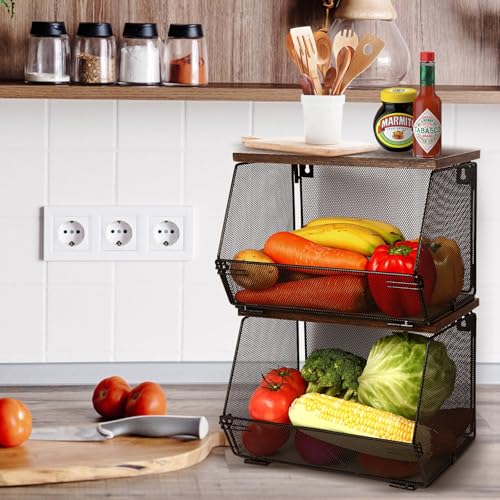 Zjyufy Stapelbarer Obstkorb für die Küchenarbeitsplatte, Wandmontierte Drahtkörbe aus Metall mit Holzdeckel, Hängender Obstkorb, 2er- Set Küchenorganisator für Snacks, Zwiebel und Kartoffeln Zjyufy Stapelbarer Obstkorb für die Küchenarbeitsplatte, Wandmontierte Drahtkörbe aus Metall mit Holzdeckel, Hängender Obstkorb, 2er- Set Küchenorganisator für Snacks, Zwiebel und Kartoffeln von Zjyufy