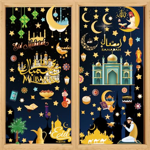 Zkaoai 121 Stück Ramadan Fensteraufkleber, Ramadan Fensterbilder, Eid Mubarak Fenster Aufkleber, Stern Halbmond Laterne Aufkleber Fenstersticker, Ramadan Dekorationen für Muslim Eid Mubarak Party von Zkaoai