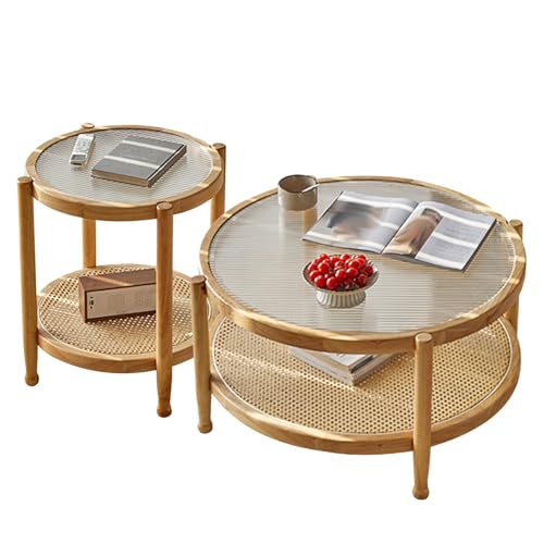 Zkfpet Runder Couchtisch aus Rattan, Kleiner Beistelltisch, 2er-Set, Gestell aus Gestreiftem Glas und Holz, 2-stufige Aufbewahrung, for Wohnzimmer, Büro(Natural) von Zkfpet