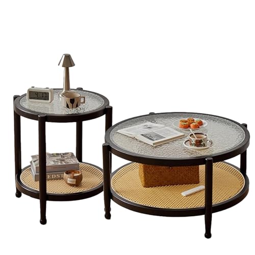 Zkfpet Runder Rattan-Couchtisch, 2er-Set Beistelltische aus Holz, mit 2-stufiger Ablage, Tischplatte aus Gehärtetem Wasserwellenglas, for Das Schlafzimmer zu Hause(Black) von Zkfpet