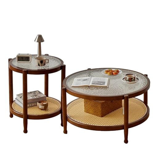 Zkfpet Runder Rattan-Couchtisch, 2er-Set Beistelltische aus Holz, mit 2-stufiger Ablage, Tischplatte aus Gehärtetem Wasserwellenglas, for Das Schlafzimmer zu Hause(Brown) von Zkfpet