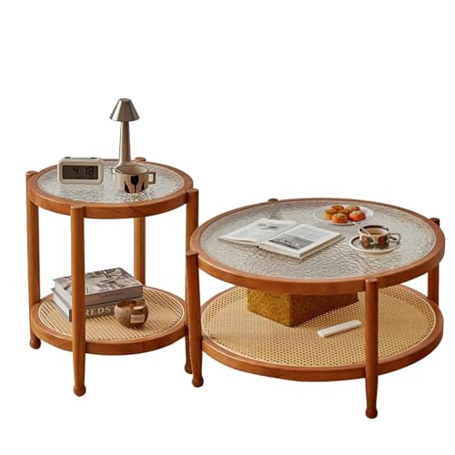 Zkfpet Runder Rattan-Couchtisch, 2er-Set Beistelltische aus Holz, mit 2-stufiger Ablage, Tischplatte aus Gehärtetem Wasserwellenglas, for Das Schlafzimmer zu Hause(Red) von Zkfpet
