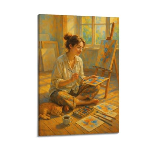 ZlXXYZ Moderne Familien-Kunst-Wandposter auf Leinwand, Heilungsposter, Frauenmalerei mit Katze, gemütliches Kunstgemälde, 50 x 75 cm, Rahmenstil ZlXXYZ Moderne Familien-Kunst-Wandposter auf Leinwand, Heilungsposter, Frauenmalerei mit Katze, gemütliches Kunstgemälde, 50 x 75 cm, Rahmenstil von ZlXXYZ