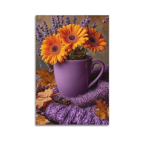 ZlXXYZ Moderne Familien-Kunst-Wandposter auf Leinwand, Pflanzenposter, violette Tassen, Blumen, umgeben von Herbstblättern, für warme Atmosphäre, Dekorgemälde, 40 x 60 cm, ungerahmter Stil ZlXXYZ Moderne Familien-Kunst-Wandposter auf Leinwand, Pflanzenposter, violette Tassen, Blumen, umgeben von Herbstblättern, für warme Atmosphäre, Dekorgemälde, 40 x 60 cm, ungerahmter Stil von ZlXXYZ