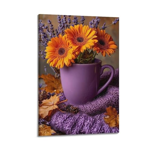 ZlXXYZ Moderne Familien-Kunst-Wandposter auf Leinwand, Pflanzenposter, violette Tassen, Blumen, umgeben von Herbstblättern, für warme Atmosphäre, Dekorgemälde, 60 x 90 cm, Rahmenstil ZlXXYZ Moderne Familien-Kunst-Wandposter auf Leinwand, Pflanzenposter, violette Tassen, Blumen, umgeben von Herbstblättern, für warme Atmosphäre, Dekorgemälde, 60 x 90 cm, Rahmenstil von ZlXXYZ