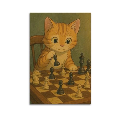 ZlXXYZ Moderne Familien-Kunst-Wandposter auf Leinwand, Tier-Poster, Katze spielt Schach mit großen Augen, niedlich, cleverer Cartoon-Stil, Gemälde, 60 x 90 cm, ungerahmter Stil ZlXXYZ Moderne Familien-Kunst-Wandposter auf Leinwand, Tier-Poster, Katze spielt Schach mit großen Augen, niedlich, cleverer Cartoon-Stil, Gemälde, 60 x 90 cm, ungerahmter Stil von ZlXXYZ