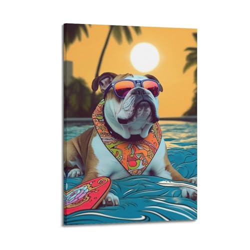 ZlXXYZ Moderne Familien-Kunst-Wandposter auf Leinwand, Tierposter, Bulldogge am Pool, verleiht dem Dekorgemälde sommerlichen Charme, 20 x 30 cm, Rahmenstil von ZlXXYZ