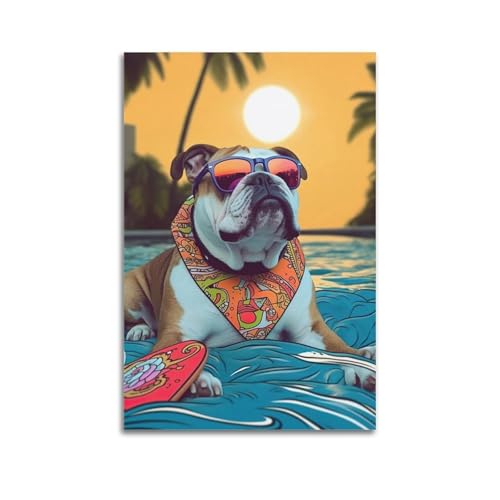 ZlXXYZ Moderne Familien-Kunst-Wandposter auf Leinwand, Tierposter Bulldogge am Pool, verleiht dem Dekorgemälde sommerlichen Charme, 50 x 75 cm, ungerahmter Stil von ZlXXYZ