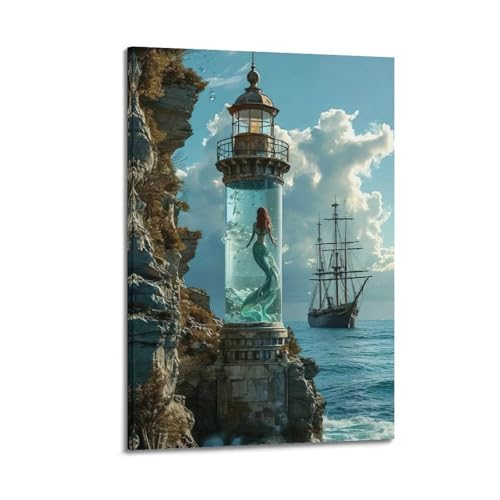 ZlXXYZ Wandposter auf Leinwand, Motiv: Moderne Familie, Motiv: Meerjungfrau im Leuchtturm, romantisch und wunderbar, dekoratives Gemälde, 40 x 60 cm, Rahmenstil ZlXXYZ Wandposter auf Leinwand, Motiv: Moderne Familie, Motiv: Meerjungfrau im Leuchtturm, romantisch und wunderbar, dekoratives Gemälde, 40 x 60 cm, Rahmenstil von ZlXXYZ
