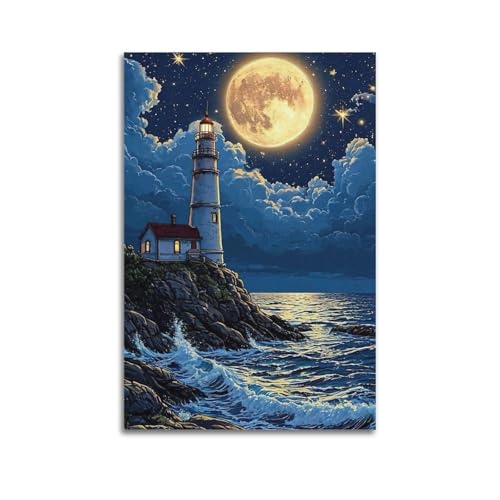 ZlXXYZ Wandposter auf Leinwand, Motiv: Moderne Familienkunst, Landschaftsposter, Leuchtturm an der Küste bei Mondschein, ruhig und romantisch, dekoratives Gemälde, 50 x 75 cm, ungerahmter Stil ZlXXYZ Wandposter auf Leinwand, Motiv: Moderne Familienkunst, Landschaftsposter, Leuchtturm an der Küste bei Mondschein, ruhig und romantisch, dekoratives Gemälde, 50 x 75 cm, ungerahmter Stil von ZlXXYZ