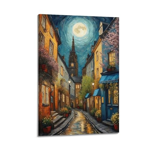 ZlXXYZ Wandposter auf Leinwand, Motiv: moderne Familie, Ölgemälde, Mondgasse mit Blumen, ruhig und heilend, dekoratives Gemälde, 40 x 60 cm, Rahmenstil von ZlXXYZ