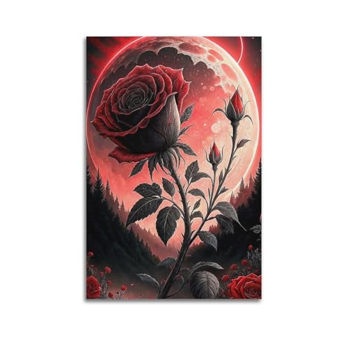ZlXXYZ Wandposter auf Leinwand, moderne Familienkunst, dunkle Rose, unter Blutmond, geheimnisvolles und wunderschönes dekoratives Gemälde, 60 x 90 cm, ungerahmter Stil von ZlXXYZ