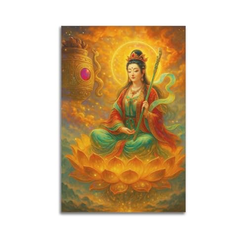 ZlXXYZ Wandposter auf Leinwand, modernes Familienkunst, Göttin spielt Flöte auf Lotus, ruhige Kunstmalerei, 30 x 45 cm, ungerahmter Stil von ZlXXYZ