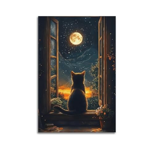 ZlXXYZ Wandposter auf Leinwand, modernes Familienkunst, Heilposter, Katze, blickt Mond aus dem Fenster, ruhige Nacht, Kunstmalerei, 20 x 30 cm, ungerahmter Stil ZlXXYZ Wandposter auf Leinwand, modernes Familienkunst, Heilposter, Katze, blickt Mond aus dem Fenster, ruhige Nacht, Kunstmalerei, 20 x 30 cm, ungerahmter Stil von ZlXXYZ