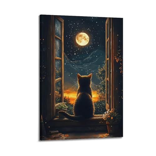 ZlXXYZ Wandposter auf Leinwand, modernes Familienkunst, Heilposter, Katze, blickt Mond aus dem Fenster, ruhige Nacht, Kunstmalerei, 50 x 75 cm, Rahmenstil ZlXXYZ Wandposter auf Leinwand, modernes Familienkunst, Heilposter, Katze, blickt Mond aus dem Fenster, ruhige Nacht, Kunstmalerei, 50 x 75 cm, Rahmenstil von ZlXXYZ