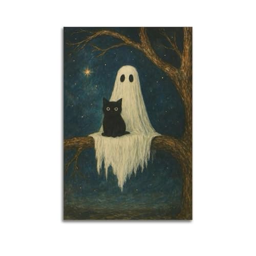 ZlXXYZ Wandposter auf Leinwand, modernes Familienkunst, niedliches Poster, Geist und schwarze Katze auf Baum, skurrile Kunstmalerei, 40 x 60 cm, ungerahmter Stil ZlXXYZ Wandposter auf Leinwand, modernes Familienkunst, niedliches Poster, Geist und schwarze Katze auf Baum, skurrile Kunstmalerei, 40 x 60 cm, ungerahmter Stil von ZlXXYZ