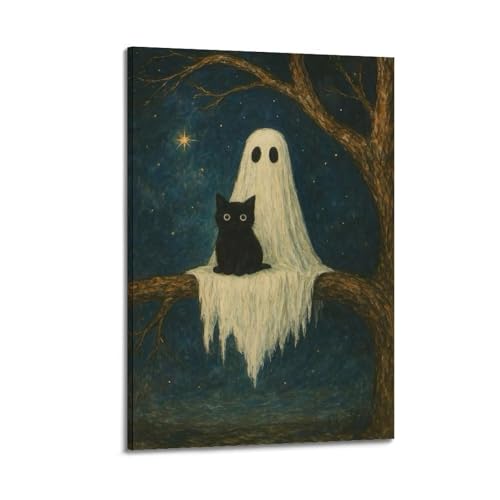 ZlXXYZ Wandposter auf Leinwand, modernes Familienkunst, niedliches Poster mit Geist und schwarzer Katze auf Baum, skurriles Kunstgemälde, 30 x 45 cm, Rahmenstil ZlXXYZ Wandposter auf Leinwand, modernes Familienkunst, niedliches Poster mit Geist und schwarzer Katze auf Baum, skurriles Kunstgemälde, 30 x 45 cm, Rahmenstil von ZlXXYZ
