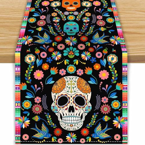 Halloween Deko Tischläufer, Dia de los Muertos Deko Tischläufer Totenkopf Blumen Tischdecke Mexiko Karneval Festival Horror Party Gruselig Deko Tisch Dekorationen, 183*33cm von Zmupl