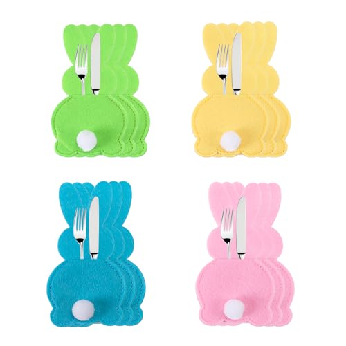 Zmupl 12STK Besteckhalter Ostern Filz, Tischdeko Ostern Bestecktasche, Osterhase Filz Bestecktasche Geschirr Besteckhalter Messer Gabeln Löffel Halter Ostern Party Tischdeko (Rosa Gelb Grün Blau) von Zmupl