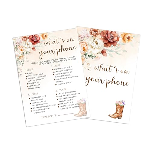 Brautparty-Spiele, 25 Spielkarten, Herbst-Boho-Blumen-Cowboy-Themen-Spielkarte für Brautparty, Verlobung, Junggesellinnenabschied, Hochzeitsfeier, Spiel für Dekorationen, Gastgeschenke, Zubehör - A21 von Zmyollo