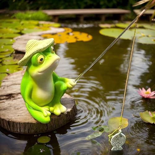 Znnhnn Gartenteich Deko Angeln Figur aus Harz Gartendeko Figuren,Miniteich Deko Angeln Figur,Frosch Teich Deko Garten,Frosch Gartenzwerge für Außen Gartenstatue für Draußen Angler Frosch Figuren von Znnhnn