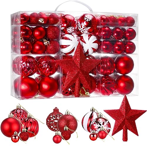 Zocipro 101 Stück Weihnachtskugeln, Christbaumschmuck,6cm/4cm/3cm Christbaumkugeln Set mit Weihnachtsbaumspitze Stern Weihnachtsbaum Topper,Weihnachtsbaum Deko für Weihnachtsfeier,Rot von Zocipro