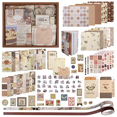 Zocipro 345 Stück Vintage Scrapbook Zubehör Set, Ästhetische Bullet Journal Zubehör mit A6 Raster Notizbuch, Retro Scrapbooking Aufkleber Papier Dekoration, Scrapbooking Sticker Set DIY Geschenke von Zocipro