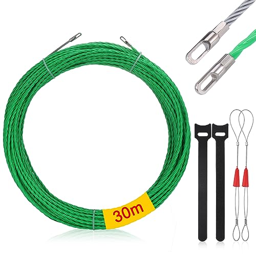 Zocipro φ4,5mm/30m Kabeleinziehhilfe Einziehspirale Zugdraht, mit 2 Führungsfeder und 2 Kabelbinder,Einziehband Kabeleinzug Einziehhilfen in ideales Einzugsband zur Kabelverlegung Leerrohre, Grün von Zocipro