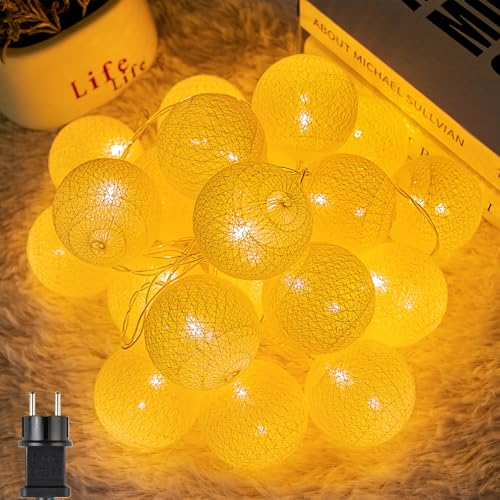 Ciskotu Cotton Ball Lichterkette - 3,8M 20 LED Kugel Lichterketten mit Stecker für Innen Nachtlicht Deko wie Weihnachten, Hochzeit, Party, Zimmer, Vorhang von Ciskotu