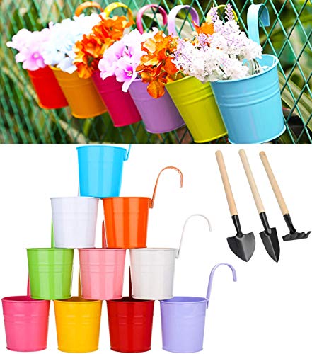 Zodight Blumentöpfe zum Aufhängen, 10er Metall Hänge Blumentöpfe Set mit Gartenwerkzeug Set, Terrakotta Blumentöpfe-Eimer Hängetöpfe mit Abflussloch, Bunt Blumentöpfe Balkon Garten von Zodight